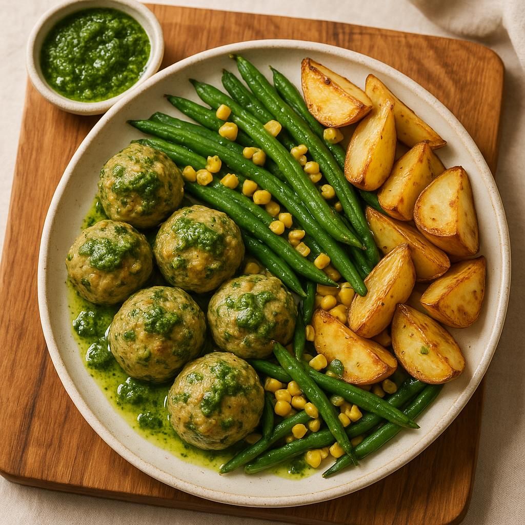 Pesto Herb Meatballs & Roasted Potatoes